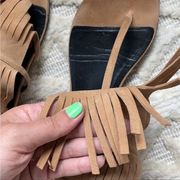 GUCCI Becky Suede Fringe Thong Sandals in Tan Color